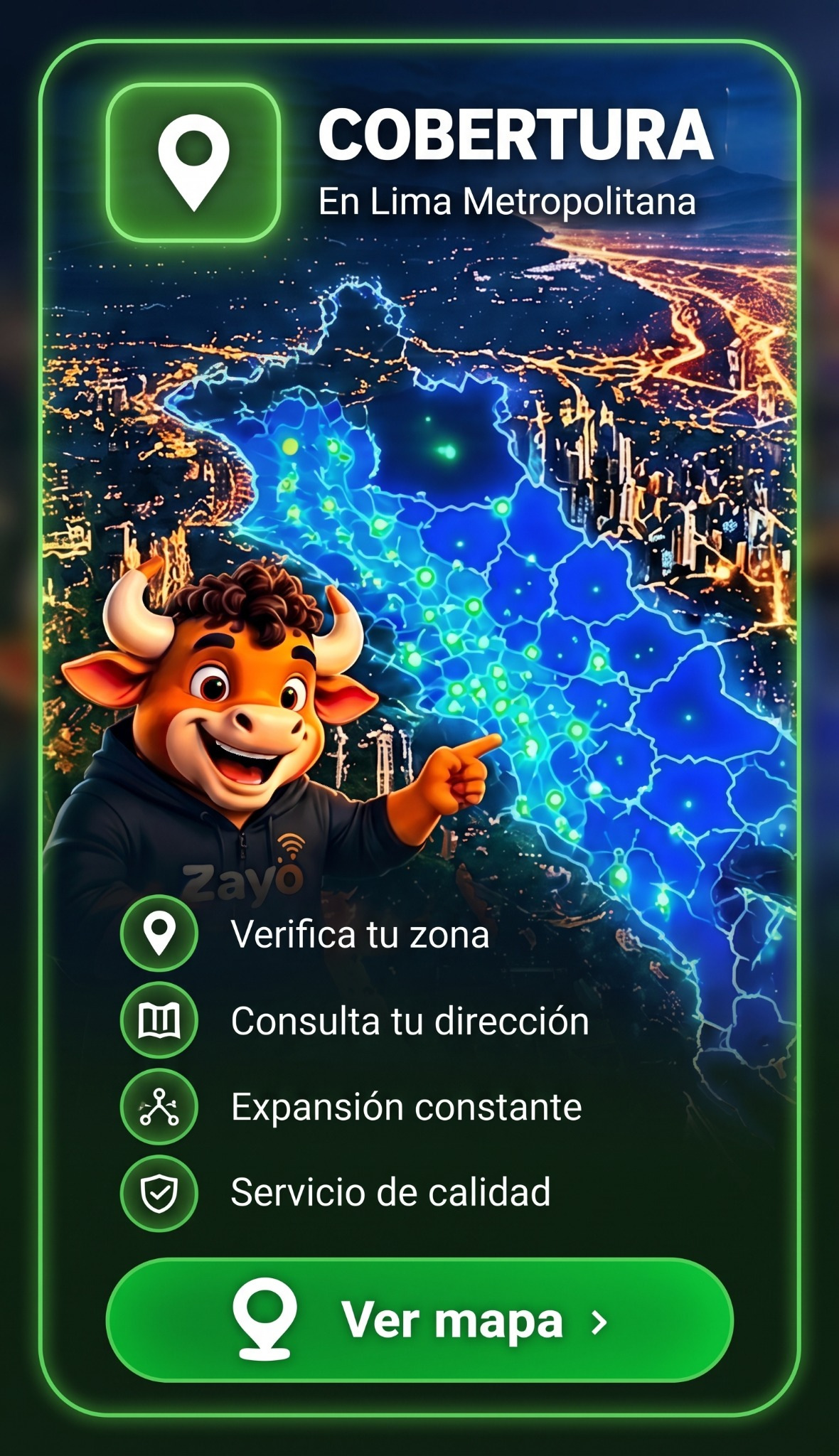 Cobertura Zayo en Lima Metropolitana, mapa iluminado con zonas de cobertura y botón Ver mapa.